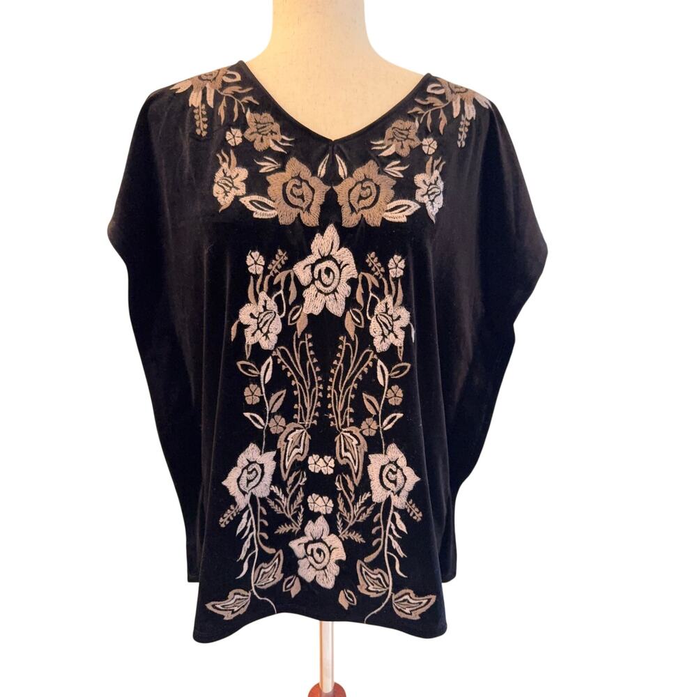 THML Black Velvet Embroidered Floral Blouse Top Size Small